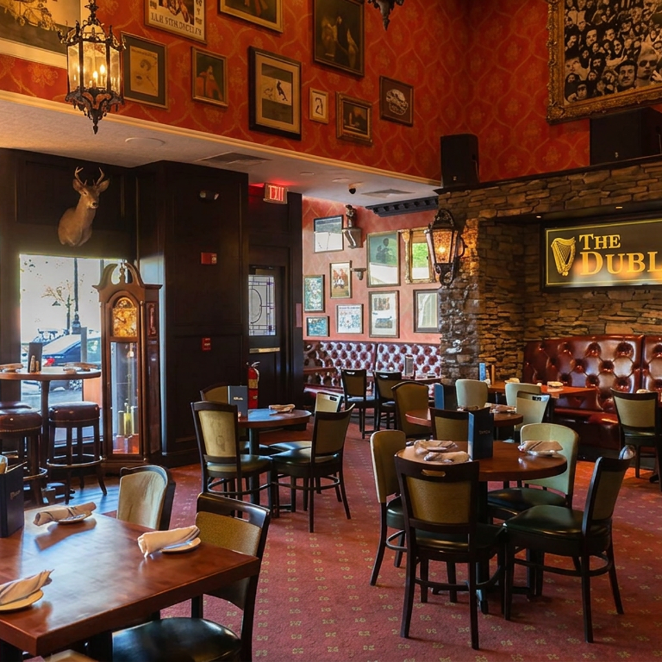 Warmly lit Dublin-themed pub dining room with set tables, leather booths, stone fireplace, framed memorabilia, and a prominent Dubliner sign.
